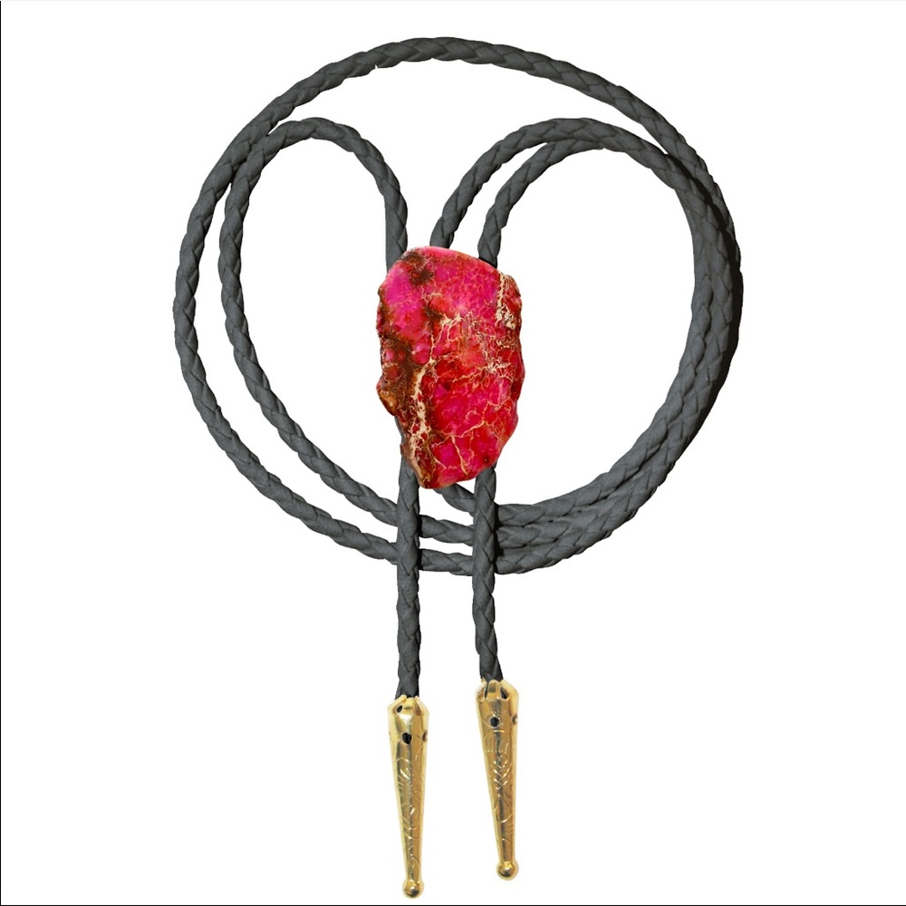 Pink Jasper Bolo Tie with Grey Braided Vegan Leather Cord - Picture 1 of 4